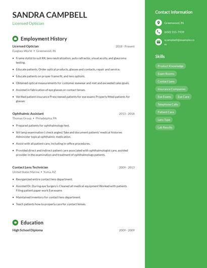 Licensed Optician Resume