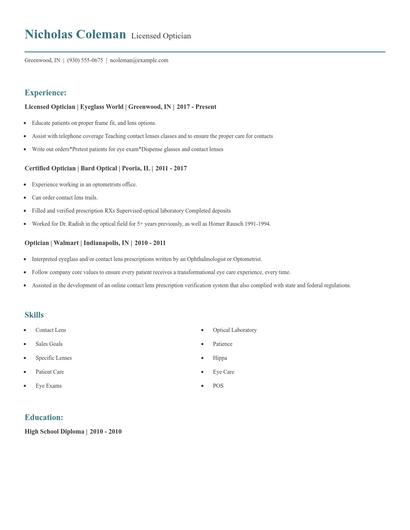 Licensed Optician Resume