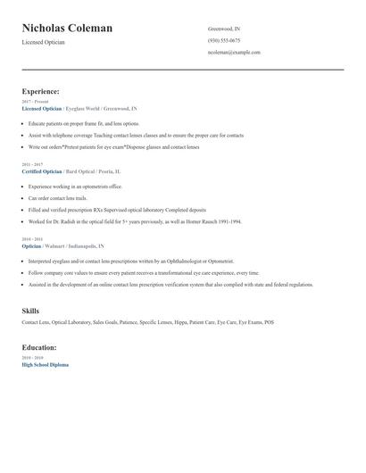 Licensed Optician Resume