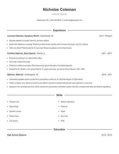 Licensed Optician Resume