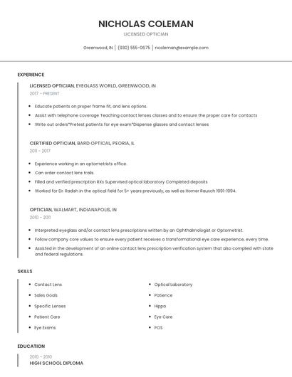 Licensed Optician Resume