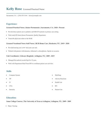 Licensed Practical Nurse Resume