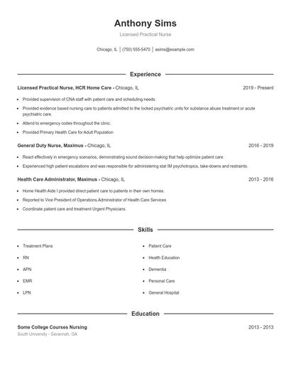 Licensed Practical Nurse Resume