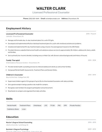 Licensed Professional Counselor Resume