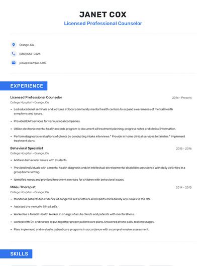 Licensed Professional Counselor Resume