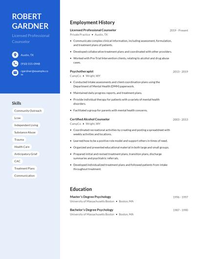 Licensed Professional Counselor Resume