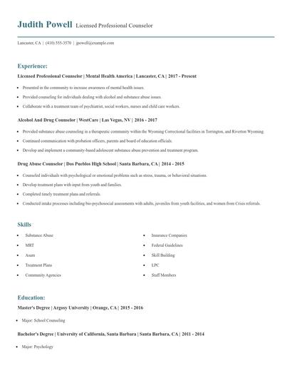 Licensed Professional Counselor Resume