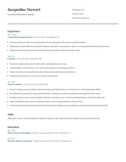 Licensed Professional Counselor Resume