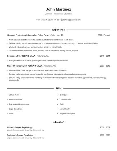 Licensed Professional Counselor Resume