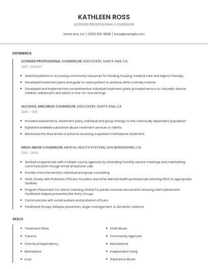 Licensed Professional Counselor Resume