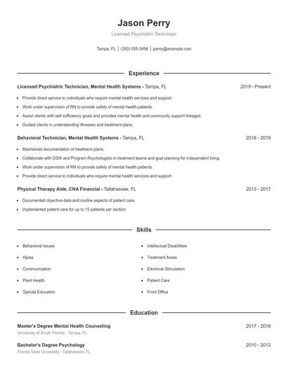 Licensed Psychiatric Technician Resume
