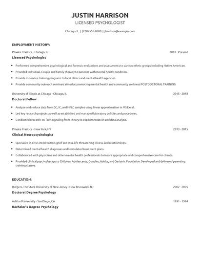 Licensed Psychologist Resume
