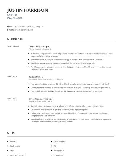 Licensed Psychologist Resume