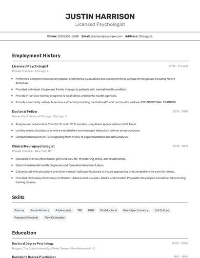 Licensed Psychologist Resume
