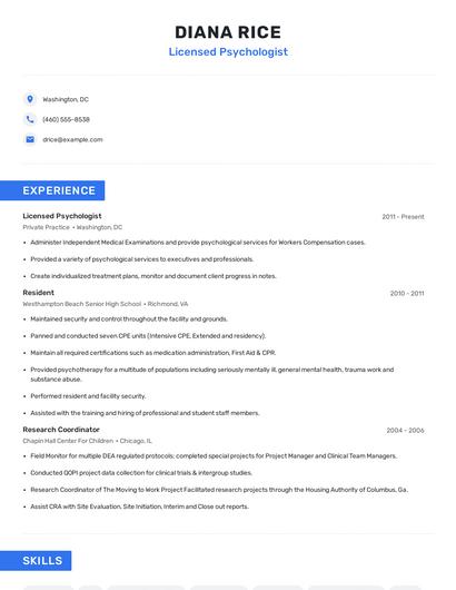 Licensed Psychologist Resume