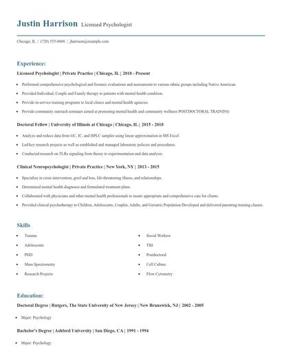 Licensed Psychologist Resume
