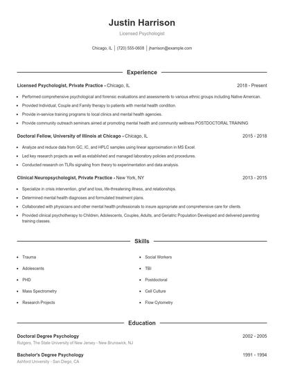 Licensed Psychologist Resume
