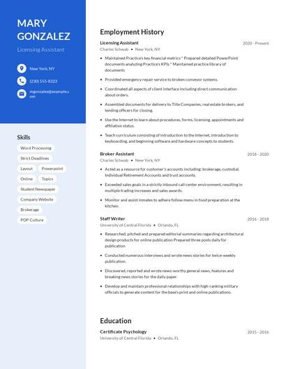 Licensing Assistant Resume