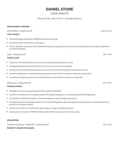 Lidar Analyst Resume