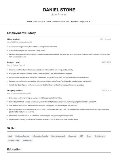 Lidar Analyst Resume