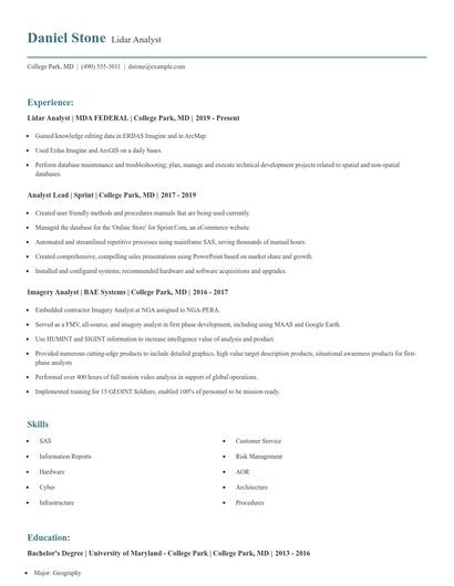 Lidar Analyst Resume