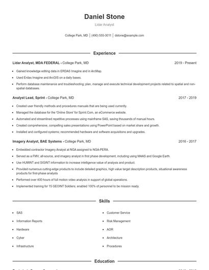 Lidar Analyst Resume