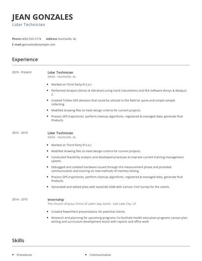 Lidar Technician Resume