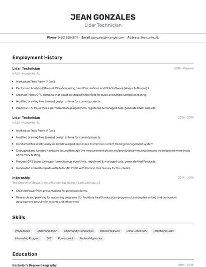 Lidar Technician Resume