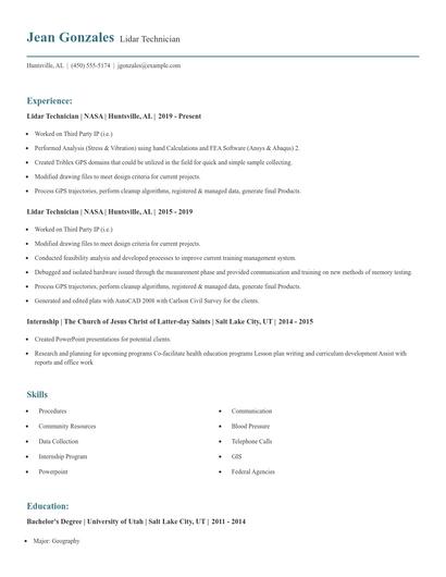Lidar Technician Resume