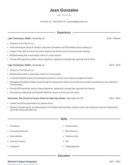 Lidar Technician Resume