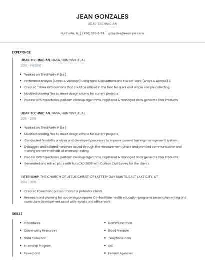 Lidar Technician Resume