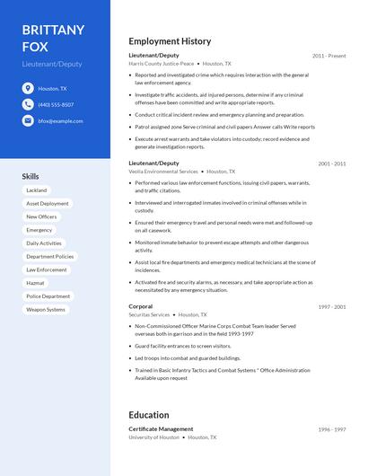 Lieutenant/Deputy Resume