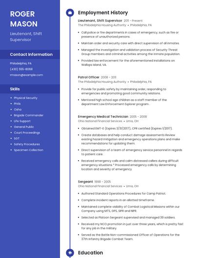Lieutenant, Shift Supervisor Resume