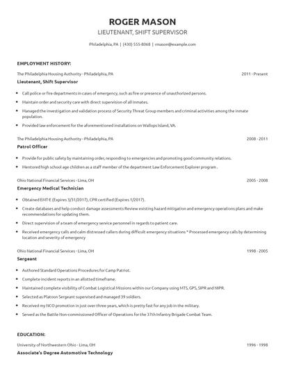 Lieutenant, Shift Supervisor Resume