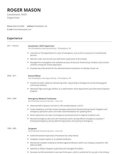 Lieutenant, Shift Supervisor Resume
