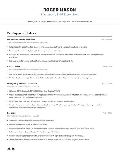 Lieutenant, Shift Supervisor Resume