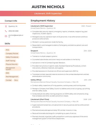 Lieutenant, Shift Supervisor Resume