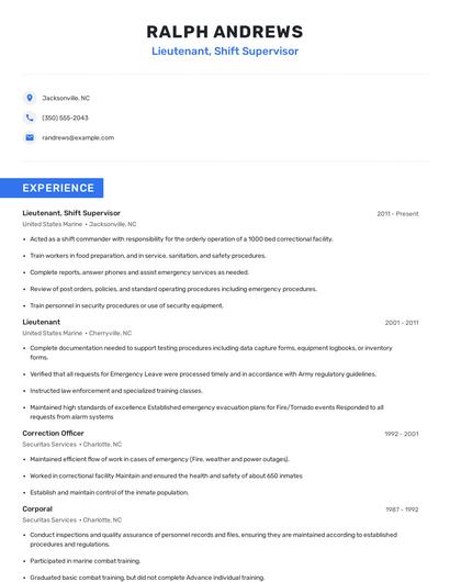 Lieutenant, Shift Supervisor Resume