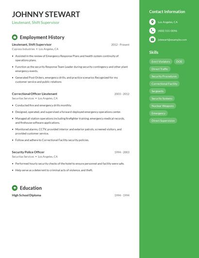 Lieutenant, Shift Supervisor Resume