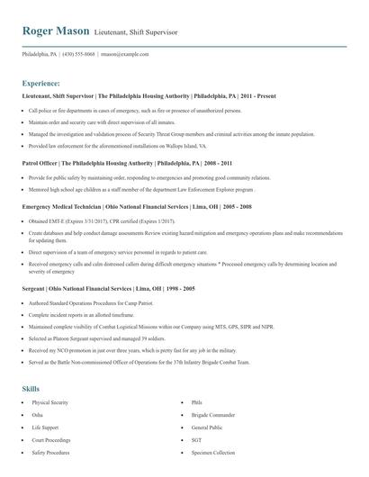 Lieutenant, Shift Supervisor Resume