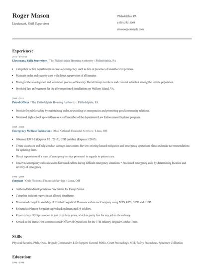 Lieutenant, Shift Supervisor Resume