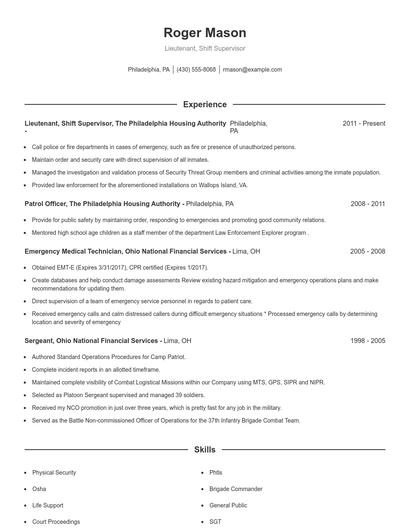 Lieutenant, Shift Supervisor Resume