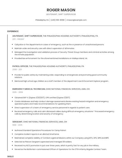 Lieutenant, Shift Supervisor Resume