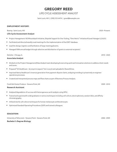 Life Cycle Assessment Analyst Resume