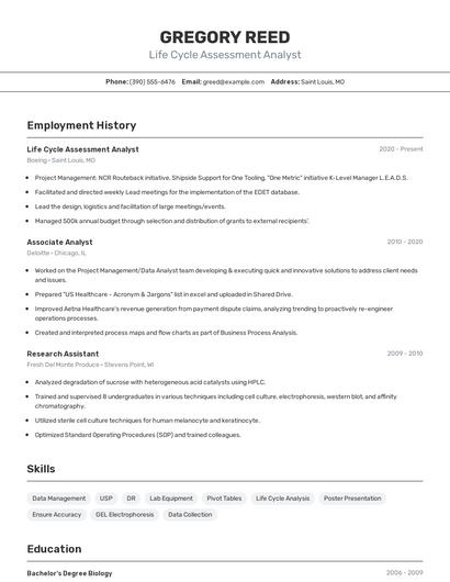 Life Cycle Assessment Analyst Resume