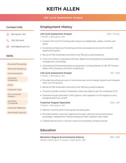 Life Cycle Assessment Analyst Resume