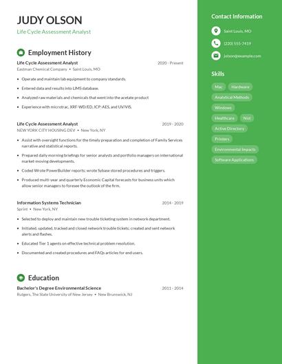 Life Cycle Assessment Analyst Resume