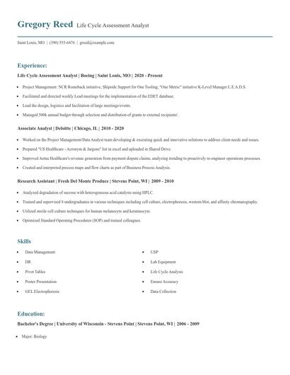 Life Cycle Assessment Analyst Resume