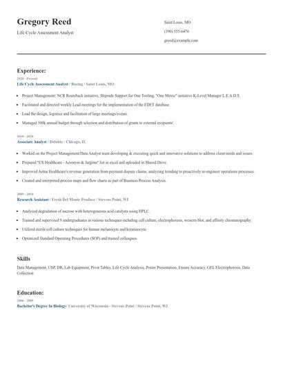 Life Cycle Assessment Analyst Resume