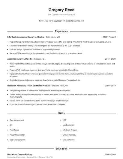 Life Cycle Assessment Analyst Resume